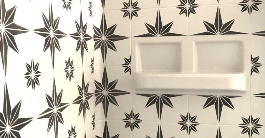 A No Demo Way To Update Your Fiberglass Shower Surround With Stencil And Paint For Less Than 300 Get The Look Of Cement Tile Pauper S Castle - Can You Paint Your Shower Walls