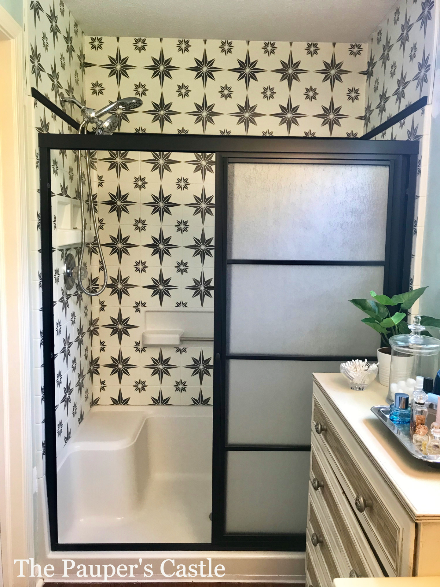 Don't replace, Restyle your old shower doors with paint and trim. The